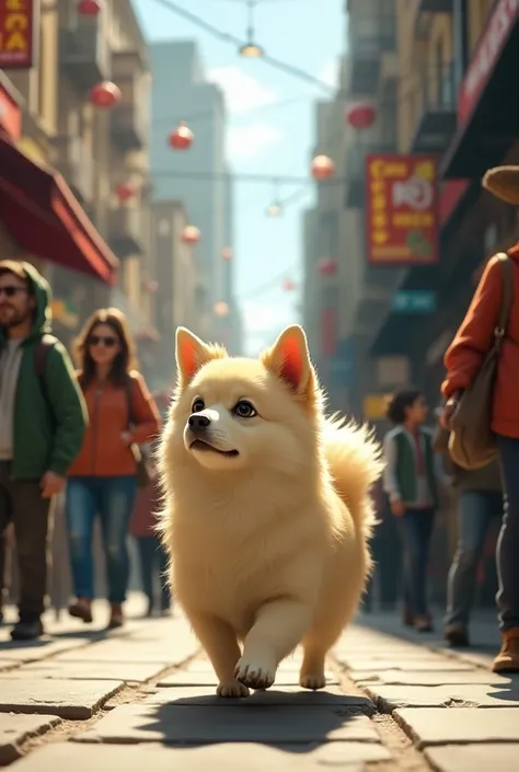  The Spitz is walking slowly down a busy street. Around you,  hurried people pass by him , and he looks up ,  with a semblance of loneliness and uncertainty .  The streets are bustling ,  but the dog seems lost in his thoughts .