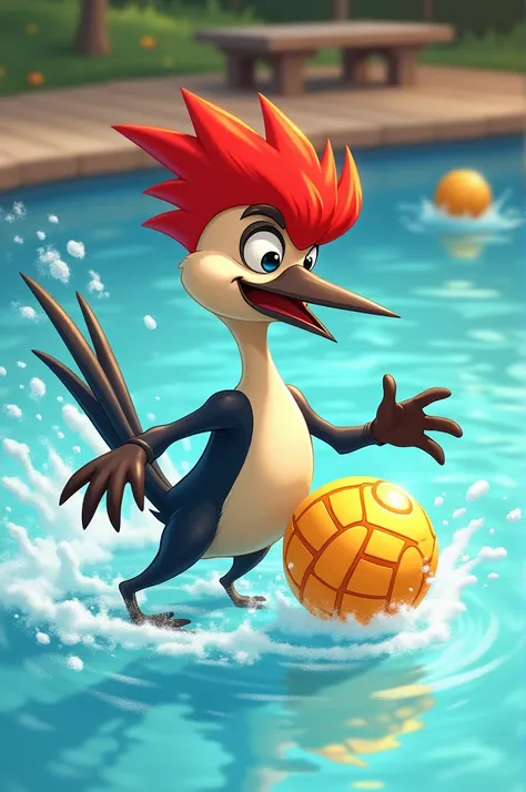 Woodpecker playing water polo cartoon image