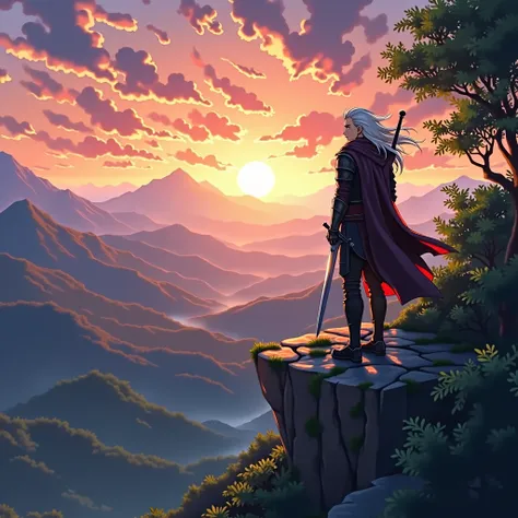 In a highly detailed and vibrant anime art style, depict Geralt of Rivia standing on a cliff overlooking a breathtaking landscape at sunset. The scene is filled with lush, rolling hills and a dense forest below, while distant mountains rise majestically ag...