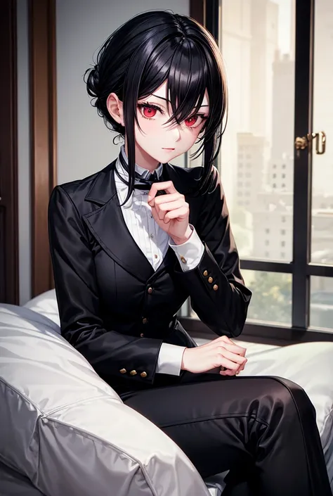 Age 25,Beauty Practitioner,Black hair up, amazing style ,background: Inside the mansion,Black butler uniform, boyish,Black pants、Beauty、sexy、 elegant、 High image quality 、B 87 W 59 H 86, Red Eyes,White Shirt,Black vest,solo