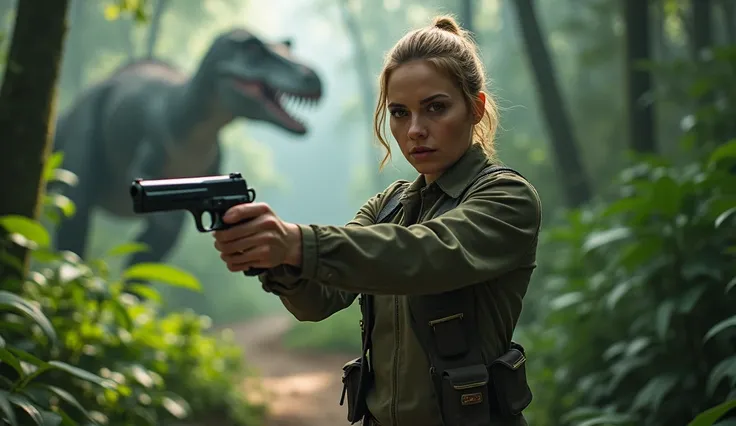 Scarlett Johansson holding gun in Jurassic park stading in forest in background dinasaur are walking 