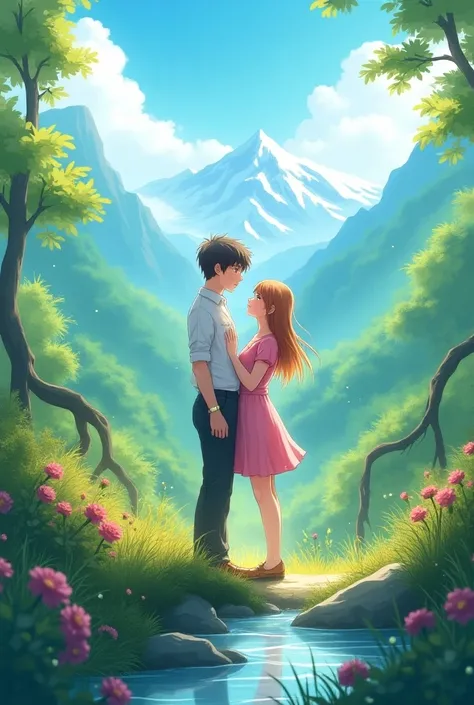 Make a anime couple in nature surrounding of mountain 
