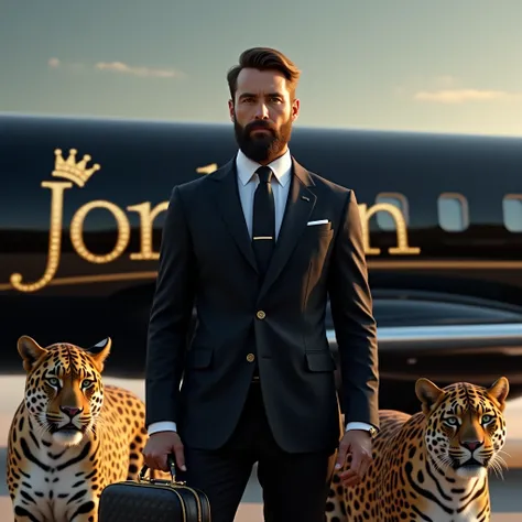 a nice beard and normal  hair  with normal innocent face  guy wearing black premium suit  with ambrodary in one hand precious leather suit case and second hand black and golden king stick  sun glasses and background of black private jet write name on plane...