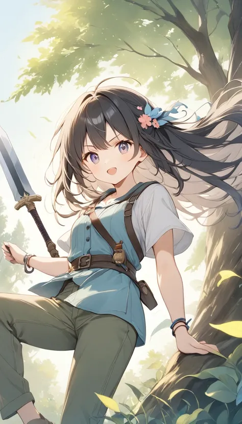  pale lines and soft colors create a dreamy effect., A fleeting impression..,One Woman、Old Tree House 、A girl holds a straight iron sword 、cute、 fantasy、(( fantasy 皮の鎧))、Silver Hair、 long hair 、Half Up、Cute hair accessories、((Adventurer))、black hair 9、Cute...