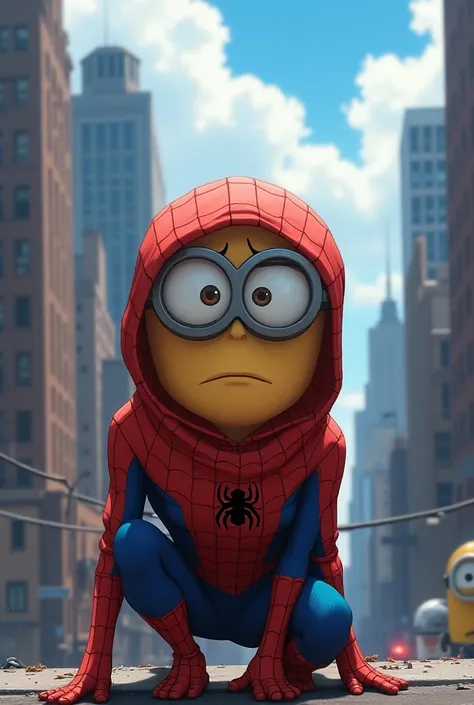 Spiderman minion desson animé de couleur en ville avec ses toiles avec emotion de tristesse 