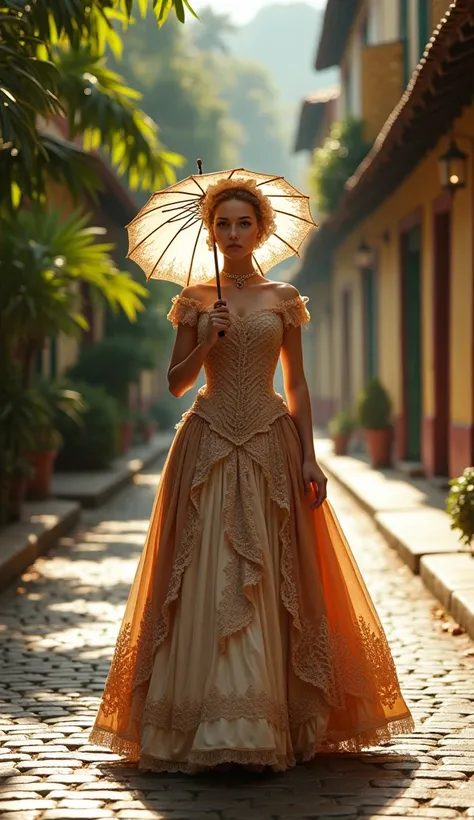 An ultra-realistic and highly detailed image of a Victorian-era woman walking down a street in 19th century Brazil. She is dressed in a long, richly textured Victorian gown with intricate lace patterns, a high-collared bodice, and a bonnet. The fabric of h...