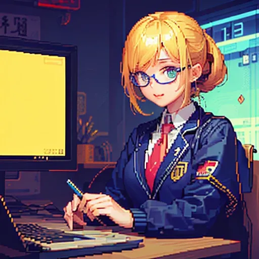  Old big computer  , cables around  ,  two golden pixel eyes drawn on the blue screen,(( pixelart girl inside the computer screen golden hair)),((glasses of vision(), (( Japanese school jacket)) (( looking at the viewer )), ((High quality, 4k)),((Pixelart ...