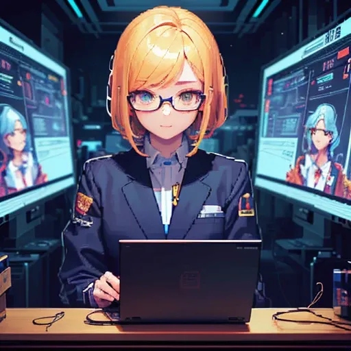  Old big computer  , cables around  ,  two golden pixel eyes drawn on the blue screen,(( pixelart girl inside the computer screen golden hair)),((glasses of vision(), (( Japanese school jacket)) (( looking at the viewer )), ((High quality, 4k)),((Pixelart ...