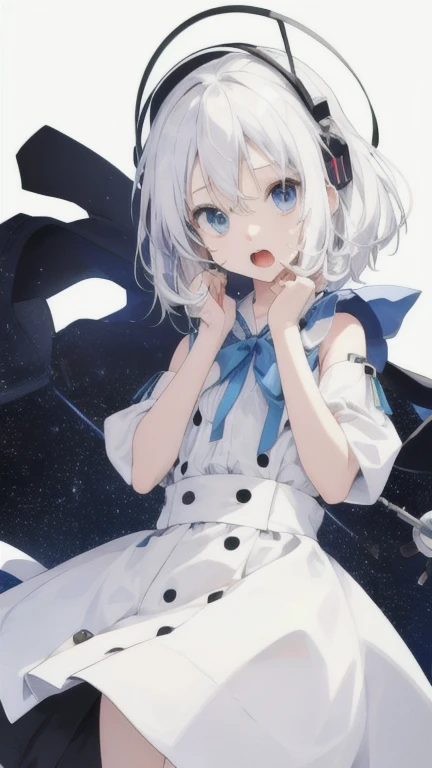 White-haired loli、Stand up straight、Facing the viewer、Put your hands on your cheeks、Open your mouth with a surprised look、Pop design、Plain background、Vocaloid style、