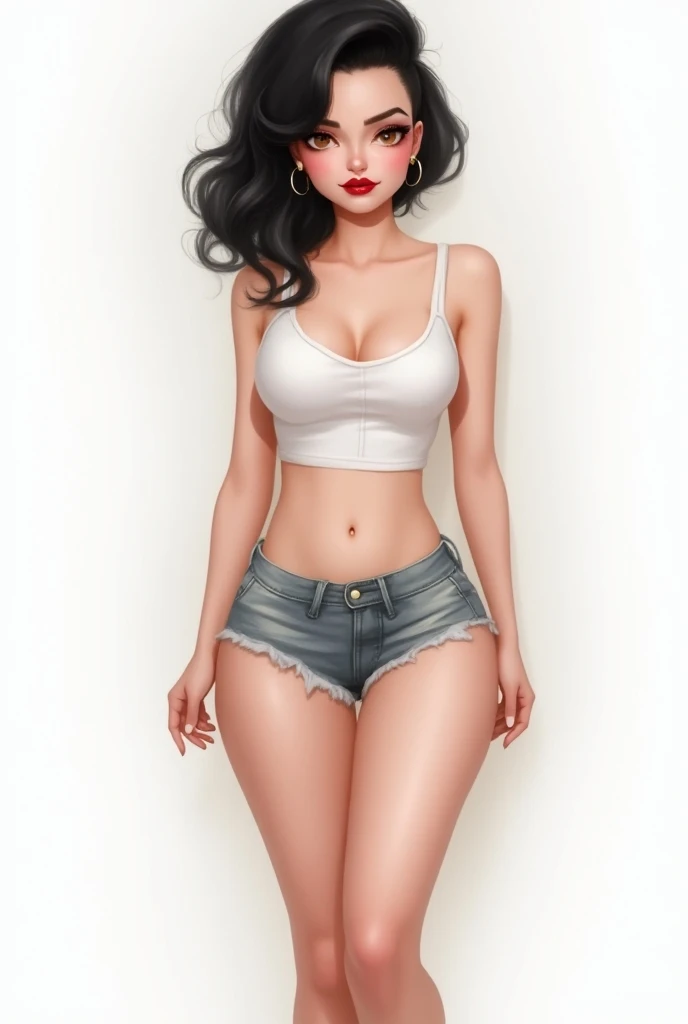 Score_9, Score_8_up, Score_7_up, 1 girl,mid-20s, black hair, undercut hairstyle, makeup, red lipstick, dark brown eyes, detailed eyes, bubble butt, small perky breasts, seductive face, hoop earrings, wicked smile microshorts, white tank top, sneakers, nave...