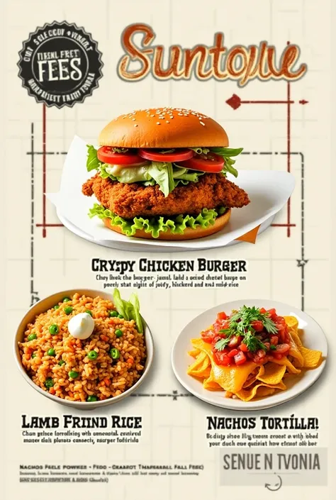 Create menu board for 3 food..1 is crispy chicken burger..another is lamb fried rice, and the third one is nachos tortila..create in a2 paper size