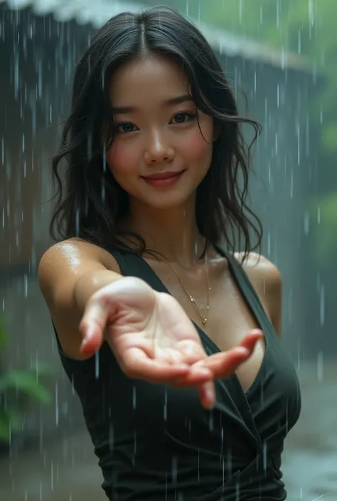 A woman lean hand towards facing view under the rain, smiling, wet clothes