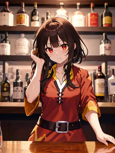 (Blessings to this wonderful world_Megumin), bar,  bartender , UHD, retina, masterpiece, accurate, anatomically correct, textured skin, super detail, high details, high quality, best quality, highres, 8k