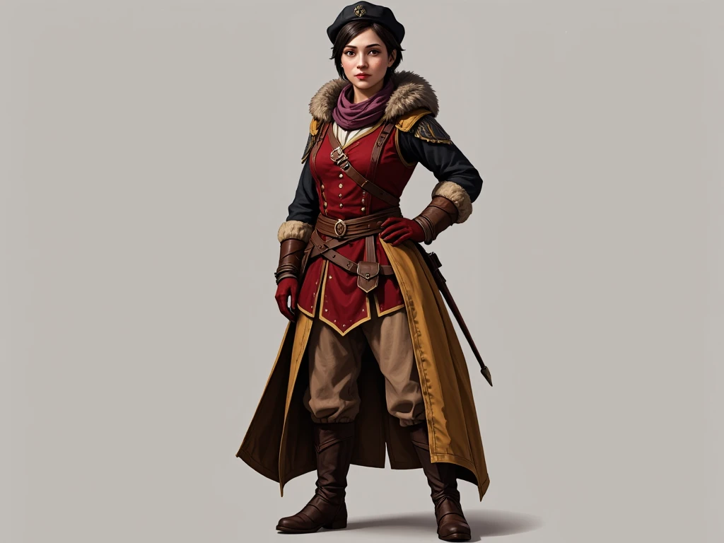 concept art,  realistic 3D characters —    (   stands full length from head to boots   )    — a noble young beauty — Spanish  .  With short neatly styled hair  .   Beautiful noble face with freckles   .   noble black Spanish womens beret with one blue and ...