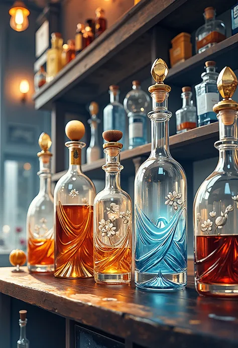 bar、on the shelf々   bottles arranged in a row  、  depth of field、beautiful glass   、backlight、  realistic painting style、  high-...