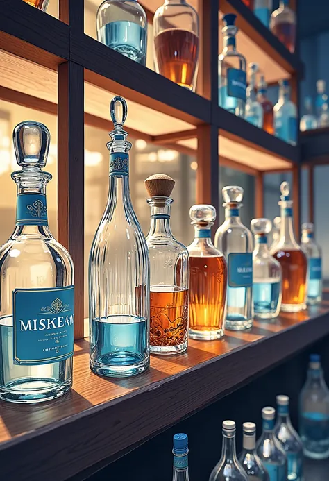 bar、on the shelf々   bottles arranged in a row  、  depth of field、beautiful glass   、backlight、  realistic painting style、  high-...