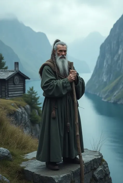 An ancient Norwegian landscape with towering mountains and deep fjords under a misty sky. An elderly, wise Norwegian man in traditional Nordic clothing is standing on a cliff, deep in thought. His wrinkled face reflects wisdom and experience, with long gra...