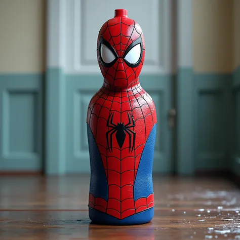 Create a realistic image. Make a water bottle. The water bottle comes complete with spidermans iconic dress and face