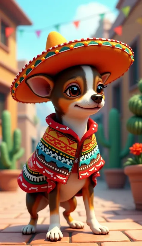 Mexico:  A small chihuahua wearing a colorful sombrero and a traditional Mexican poncho with vibrant patterns. He walks erect ,  looking sideways as if hes ready to party .