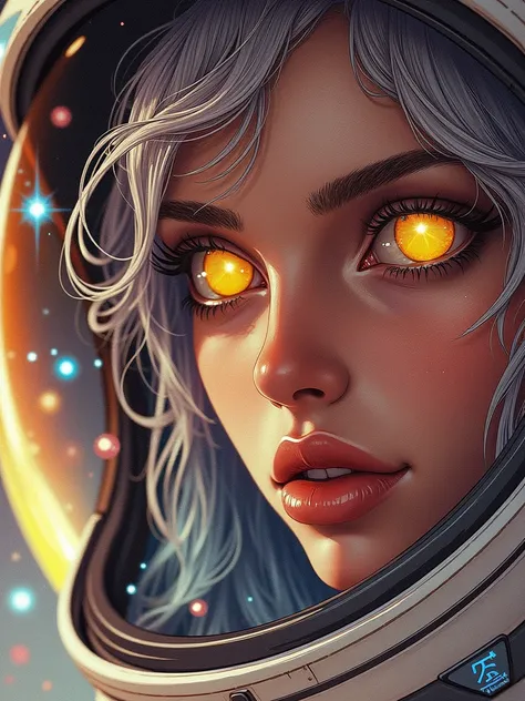 Close up of an enhanced masterpiece:1.5)0.9]، (Space and astronauts:1.2) (messy silver hair:1.1) (Heterochromia: yellow and blue eyes:1.2) (space helmet:1.0) (Colorful stars in the eyes:1.0) (radiant glow:1.1) (full lips:0.9)