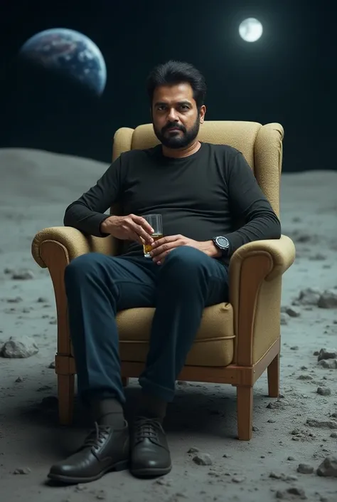 An ram gopal varma on chair, with drink vodka glass in hand on the moon and face on no beard and black hairs