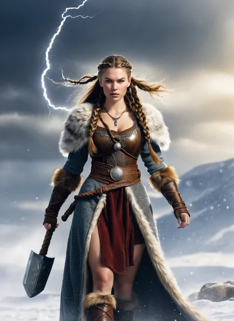 Thor, Warriors, medieval, fur dress, braids haired, with thunder hammer