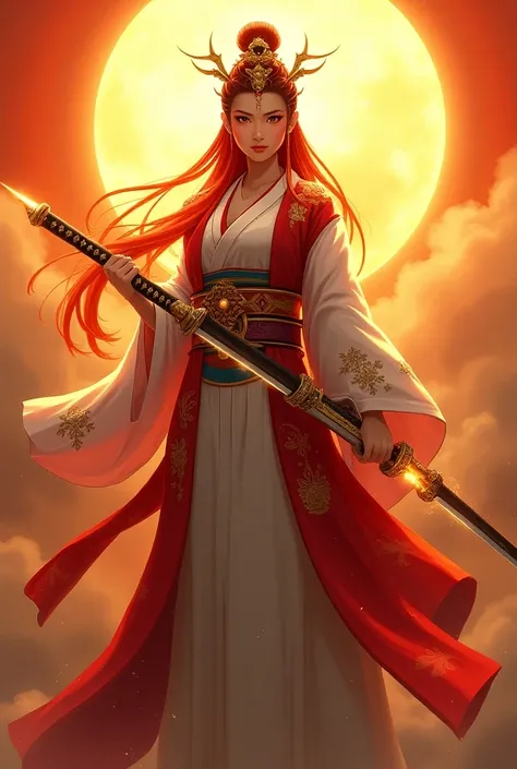 Create another illustration of the full-body female Japanese Sun Goddess, wearing a well-stylized robe in red, white and gold, with an oriental outfit underneath, well-spread straight red hair with golden Japanese ornaments and ornaments on her head, styli...