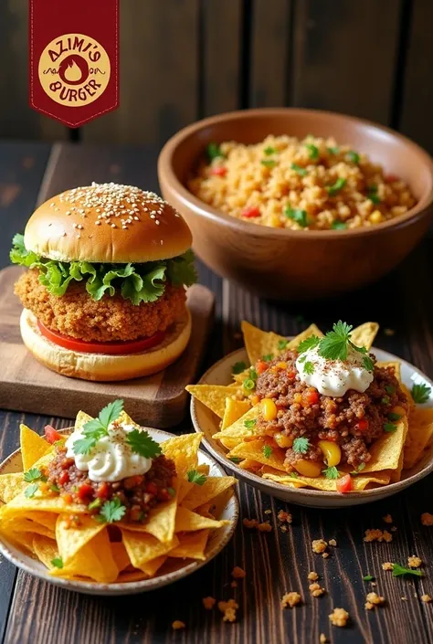 Create menu board for 3 food..1 is crispy chicken burger..another is lamb fried rice, and the third one is nachos tortila..create in a2 paper size..make perfect menu board and make the food look like very delicious..put a logo azim s burger
