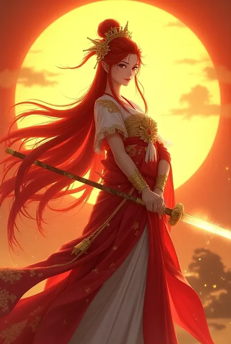 Create another illustration of the full-body female Japanese Sun Goddess, wearing a well-stylized robe in red, white and gold, with an oriental outfit underneath, well-spread straight red hair with golden Japanese ornaments and ornaments on her head, styli...