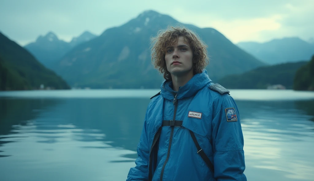 A young time-travel historian with curly hair, dressed in a blue airline pilot uniform with exaggerated silhouettes. Background: A serene lake setting with a subtle blue gradient. Supporting characters: None visible. Branding type: Retro-futuristic. Taglin...