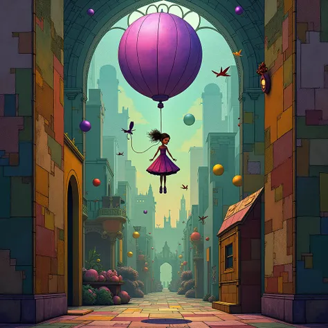 patchwork by Joan Miró, Jean Metzinger, Louis Comfort Tiffany, a girl in the purple balloon. Glass Art with Elements of Surrealism and Gothic, Technique: Etching, green outline of canvas details, Unreal Engine, whimsical, intricate, high detail, extremely ...