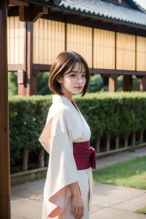 Highest quality、slender, female,rining:safe,  1 girl, kimono, day本語_Clothes,smile, looking_in_Viewers, Alone, Outdoor, brown_hair, day, lips, holding, shrine, standing, white_kimono, sash, brown_eye, short_hair, heart,  divided by w_lips, length_sleeves, w...