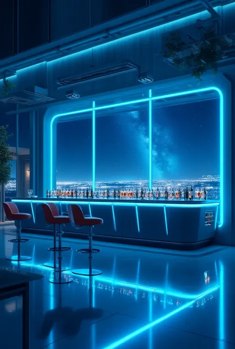    FUTURISTIC SURREAL SPACE CUBICLE BAR VIBRANT BLUE TONE NEON ULTRA MODERN METAL BAR WITH WINE AND LIGHT

 Background Glass Window Outside Space Stardust Artificial Intelligence Complex Clear Digital Technology Delicate Dream Comfort High Quality Works

 ...