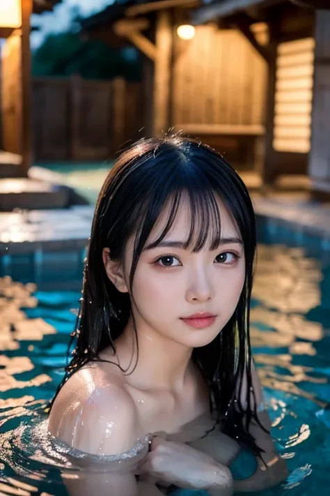 ((Hot Springs :1.3)), (masterpiece:1.3), (8k, Realistic, RAW Photos,  best quality: 1.4), Japanese, (One Girl), Beautiful Face, (Realistic face), ( Black Hair ), Beautiful long hair, Realistic eyes,  BEAUTIFUL DETAIL EYES , (Realistic skin), Beautiful Skin...