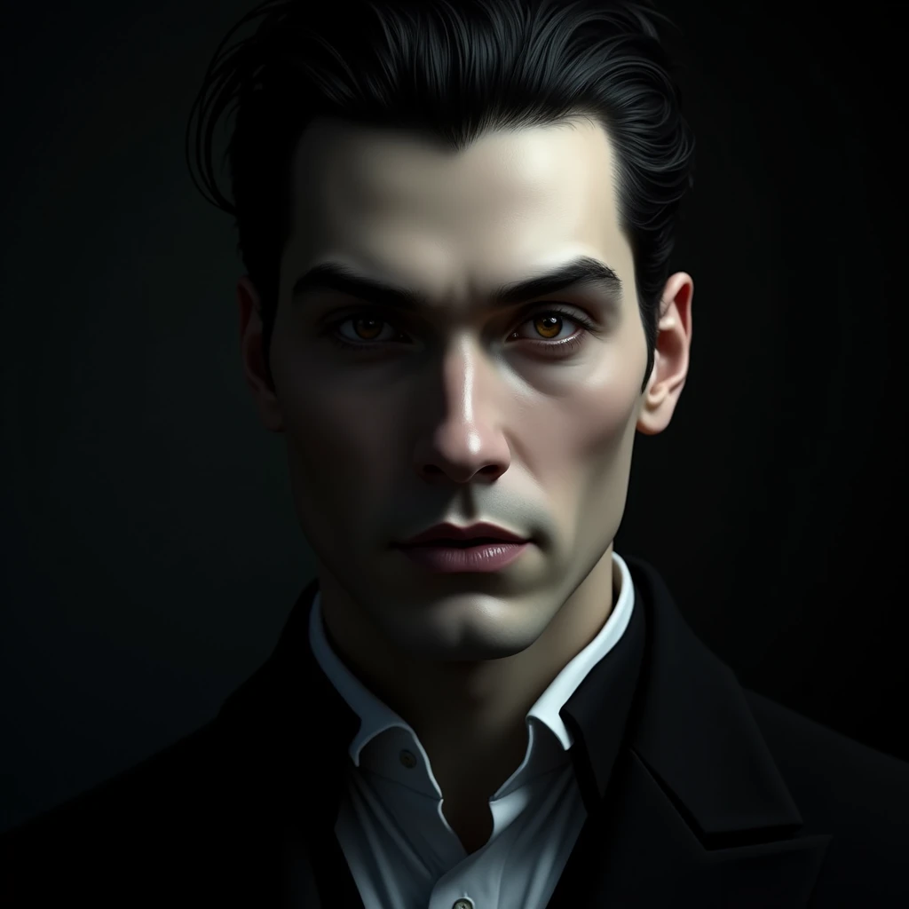 Handsome vampire man with pale skin and hazel eyes, tall black hair pulled up, wearing a black suit, his features close to the screen