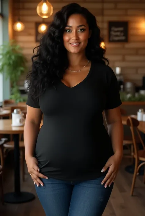 A beautiful lady with Carmel tan skin, long wavy and poofy black hair, bright green eyes, a massive chest, thin waist, wide hips, huge thick thighs. She has a chubby belly. She is wearing a black t-shirt and jeans. Full body, standing in a cafe. She looks ...