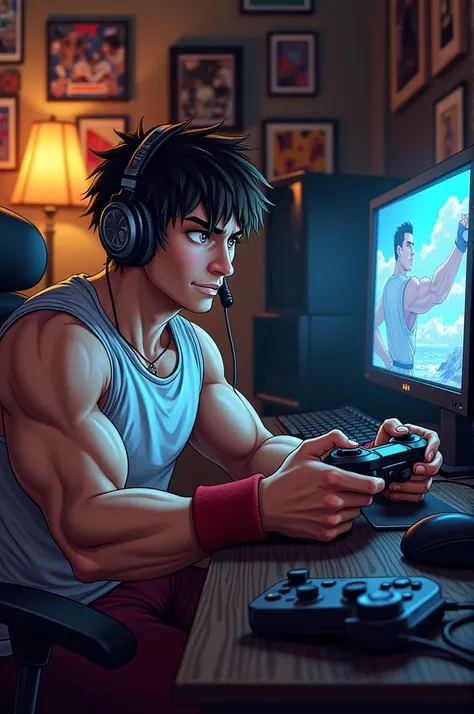 Ryu playing video games with a headset 