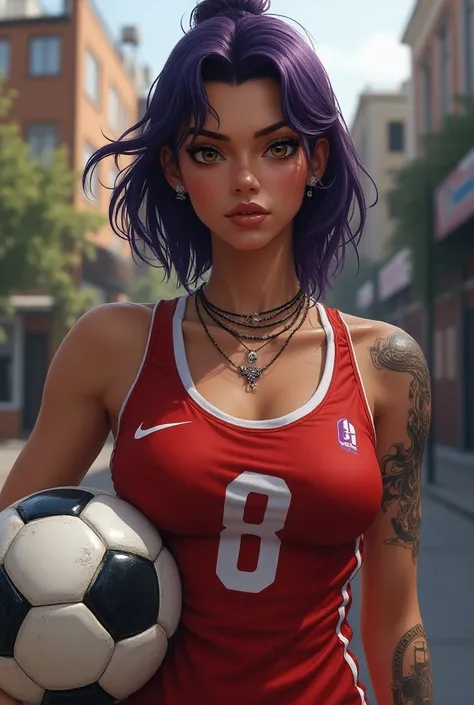 Une fille latina, avec des cheveux violets mi-longs, des yeux or en amende, un visage neutre, un regard sérieux, des seins de taille moyenne, un tatouage sur le bras, des piercing aux oreilles, des colliers, avec un ballon de football sous le bras, habille...