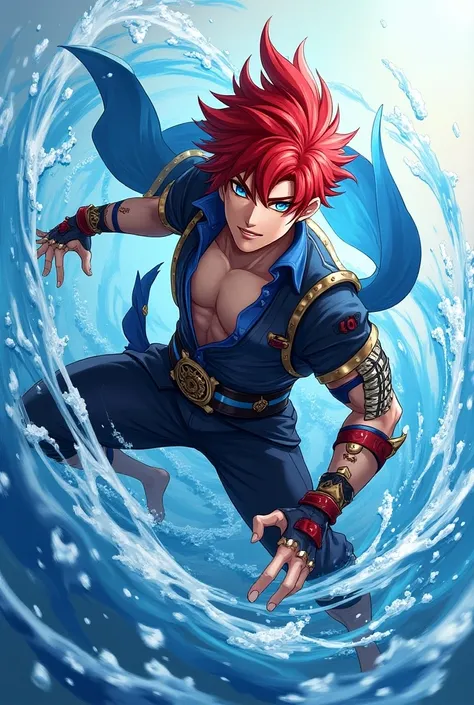 MAKE ME AN AVATAR WITH THE CHARACTER OF TARTAGLIA FROM THE GAME GENSHIN IMPACT. HE HAS RED HAIR, BLUE EYES AND HAS THE ELEMENT OF WATER. 