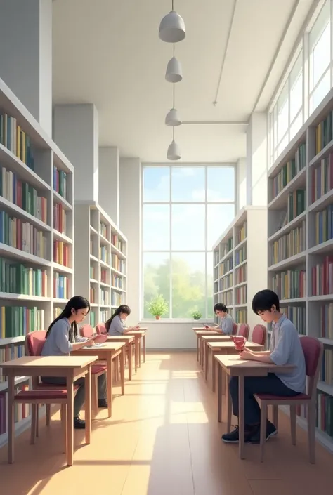 A college library, Book shelves of white and grey shades of colour, study tables