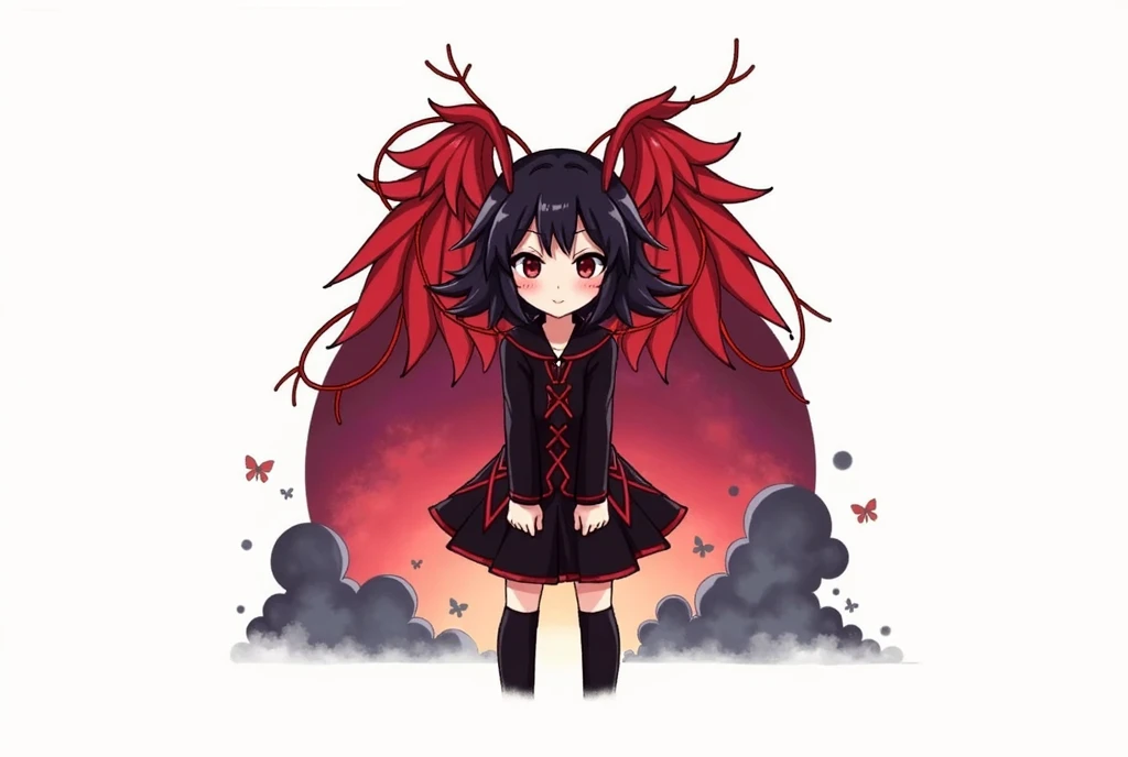 The background is a red moon , flying in the sky with red wings , with red mesh in the hair ,I want you to draw with a height of 3,Black Hair,  shortcuts, Red eyes,  looks, smile, juvenile,Anime Style, 