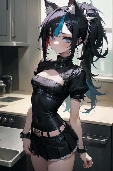 (absurdres), cute girl, upper body, slim body, perfect body, cat ear, gal, long hair, dress, two-tone hair, heavy makeup, (extreme punk fashion), miniskirt, (punk fashion), indoors, [messy kitchen], [two-tone hair]