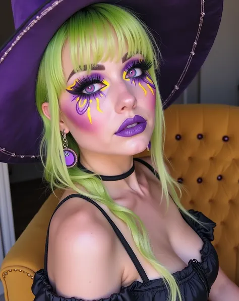 blond woman with green hair and purple makeup posing for a picture, with glowing purple eyes, sexy face with full makeup, glowy, profile picture 1024px, thick fancy makeup, yellow and purple tones, profile image, witchy, y 2 k cutecore clowncore, bubble go...