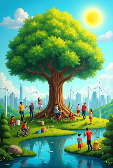 Create a painting titled Energy Conservation: A Greener Tomorrow, featuring a flourishing tree with solar panels and wind turbines as leaves, surrounded by an eco-friendly city skyline. Show diverse people riding bicycles, planting trees, and using reusabl...