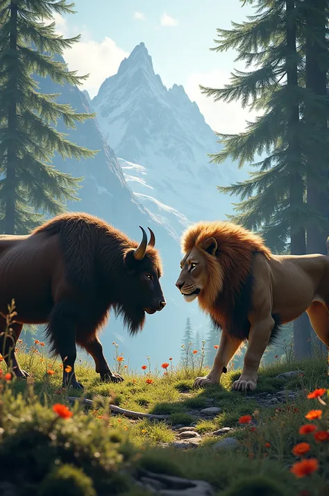 Create a prompt for an image of a bull and an lion facing each other in an Alpine Forest.” ChatGPT will generate a detailed description including the setting, colors, and the animals’ positions.