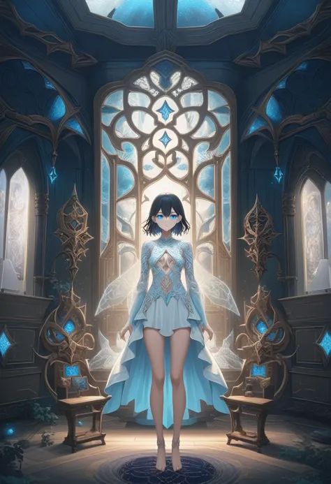 style_ethereal_fantasy,visual appealing,synced,intricate character design,mystica,tareme,black hair,medium hair,hair between eyes,blue eyes,Room