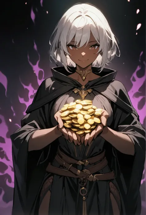 1 girl, brown skin, beautiful, cinematic, epic, warrior, white hair, short hair, smiling face, tight clothes, dark aura, masterpiece, tight black robe, holding alot of gold coins in hands.