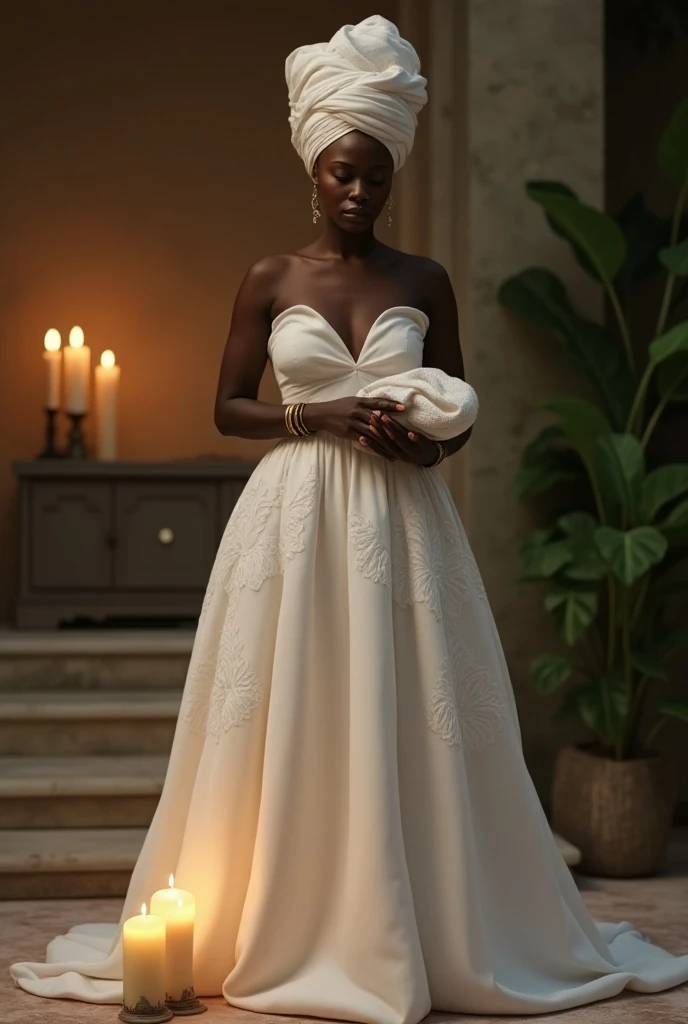 Create a hyper-realistic, cinematic depiction of an Ekedi, an African woman in her late 40s, in traditional sacred attire, with realistic skin textures and serene facial features. She wears a full, voluminous white cotton dress that covers her entire body,...