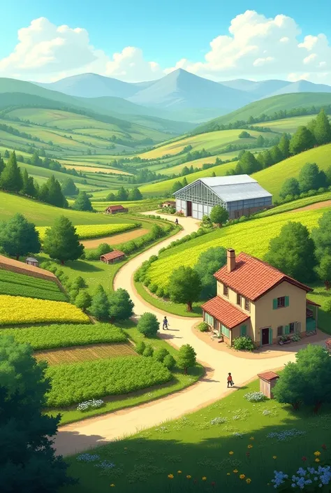 Fais moi un paysage réaliste rural français dans un style cartoon
Il faut aussi une serre blanche en longueur de cultivateurs et quelques champs de cannabis, visible
Sud de la France. Quelque chose qui represente l’agriculture française mais artisanal non ...