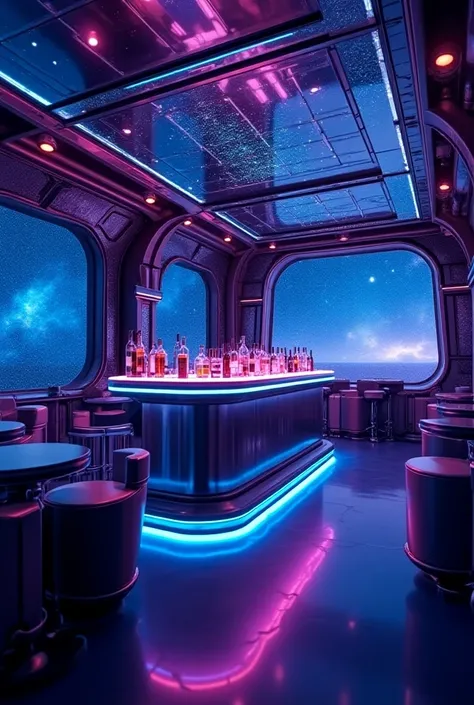    FUTURISTIC SURREAL SPACE CABIN BAR VIBRANT MAIN TONES OF WINE AND LIGHTS BLUE WITH SOME PURPLE TONES NEON ULTRA MODERN METAL BAR

 Background Glass Window Outside Space Stardust Artificial Intelligence Complex Clear Digital Technology Delicate Dream Com...